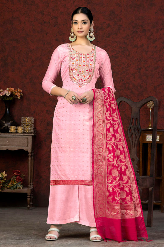 Pink Colour Unstitched Banarasi Jacquard Palazzo Pant Suit