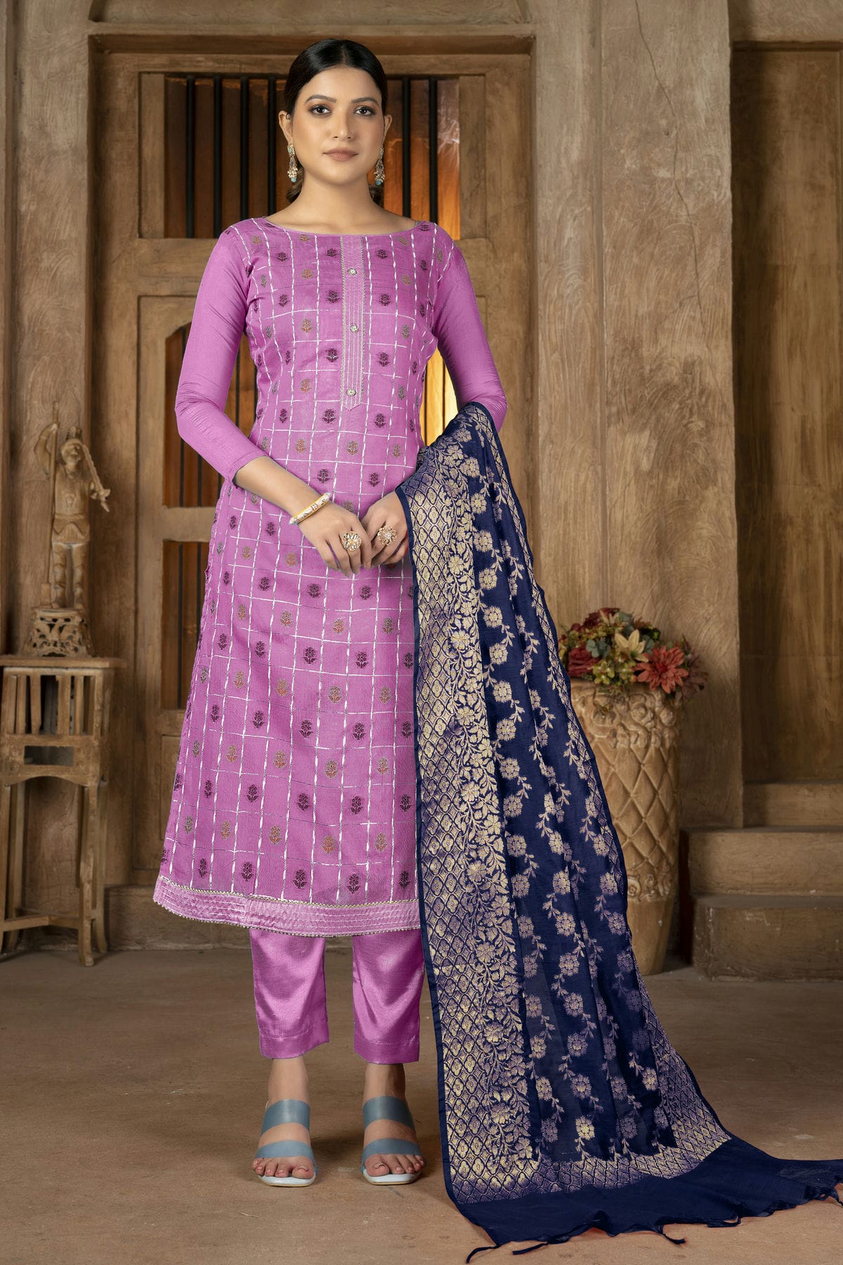 Pink Colour Unstitched Banarasi Jacquard Pant Style Suit