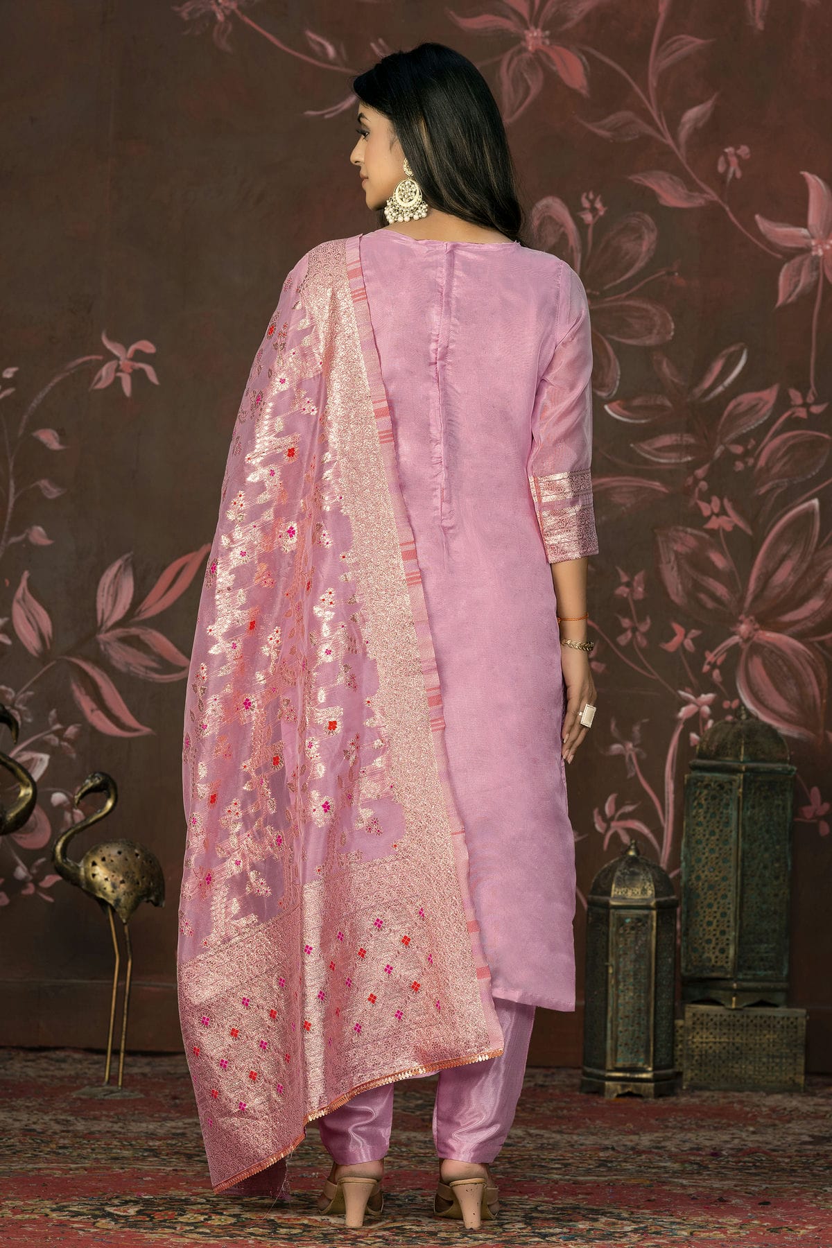 Pink Colour Unstitched Banarasi Jacquard Straight Suit