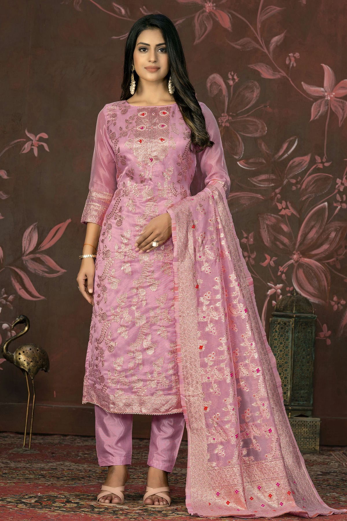 Pink Colour Unstitched Banarasi Jacquard Straight Suit