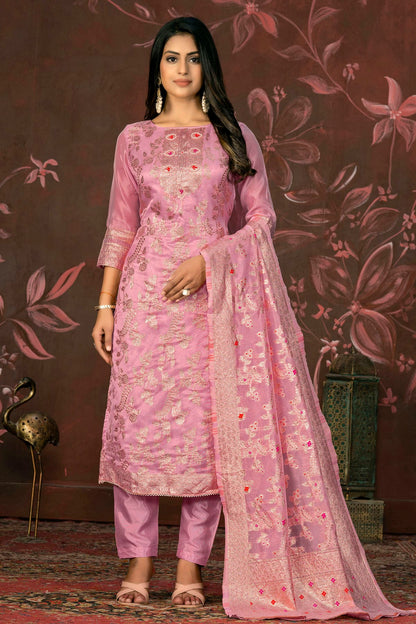 Pink Colour Unstitched Banarasi Jacquard Straight Suit