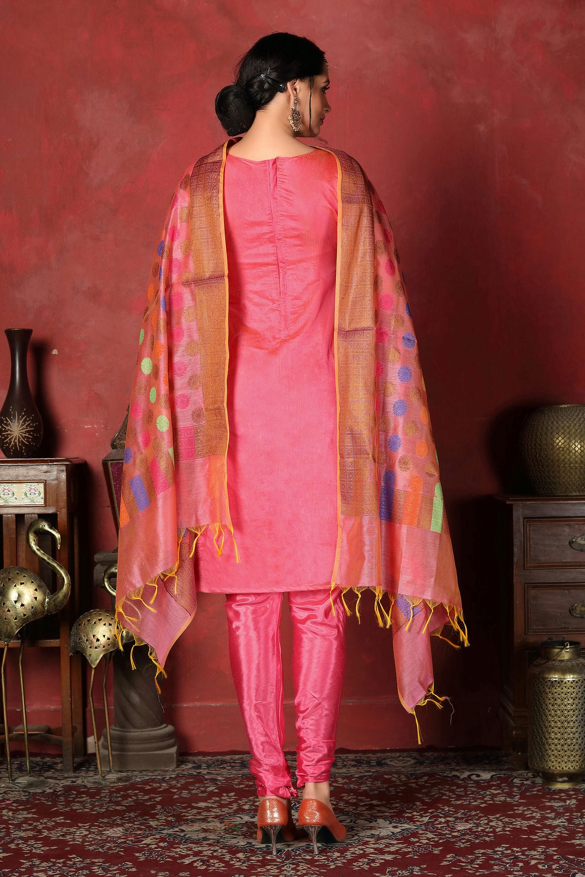 Pink Colour Unstitched Banarasi Silk Churidar Suit