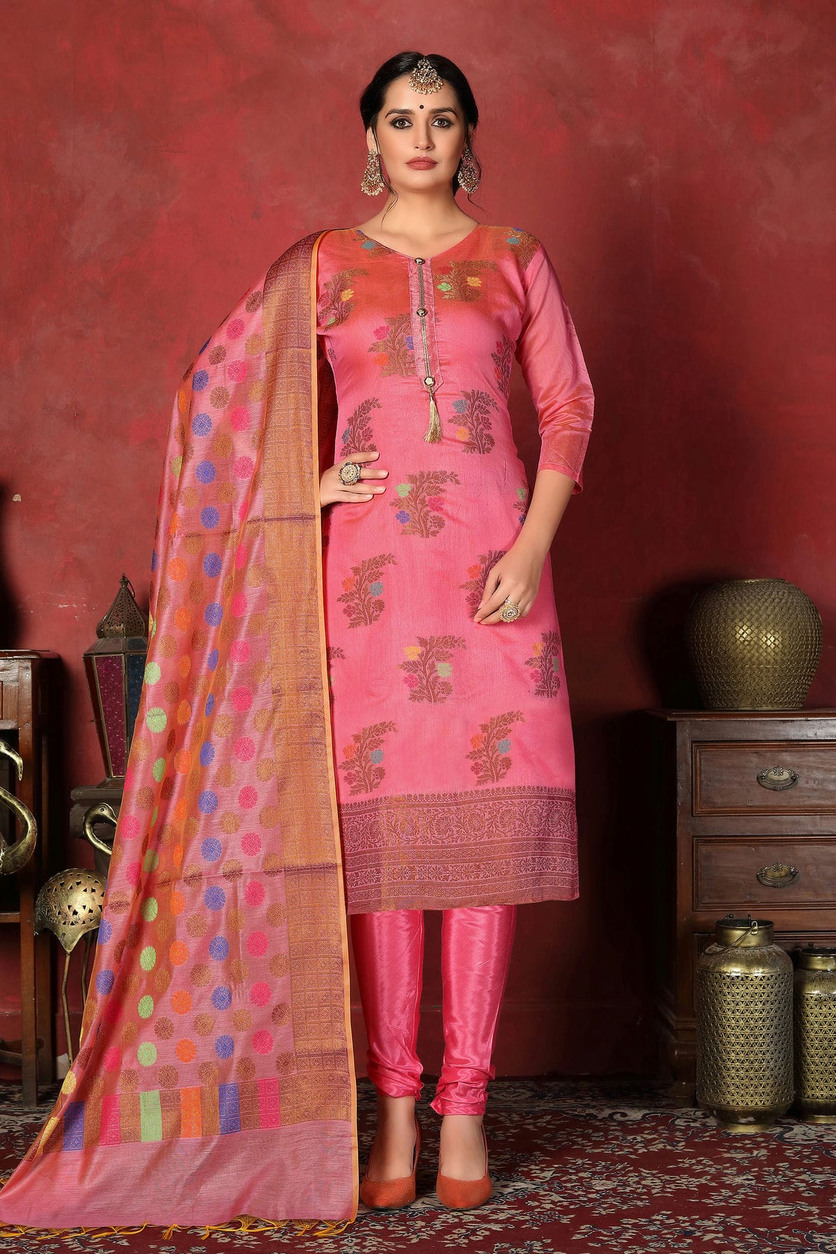 Pink Colour Unstitched Banarasi Silk Churidar Suit