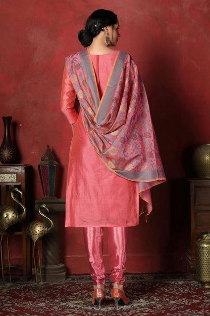 Pink Colour Unstitched Banarasi Silk Churidar Suit