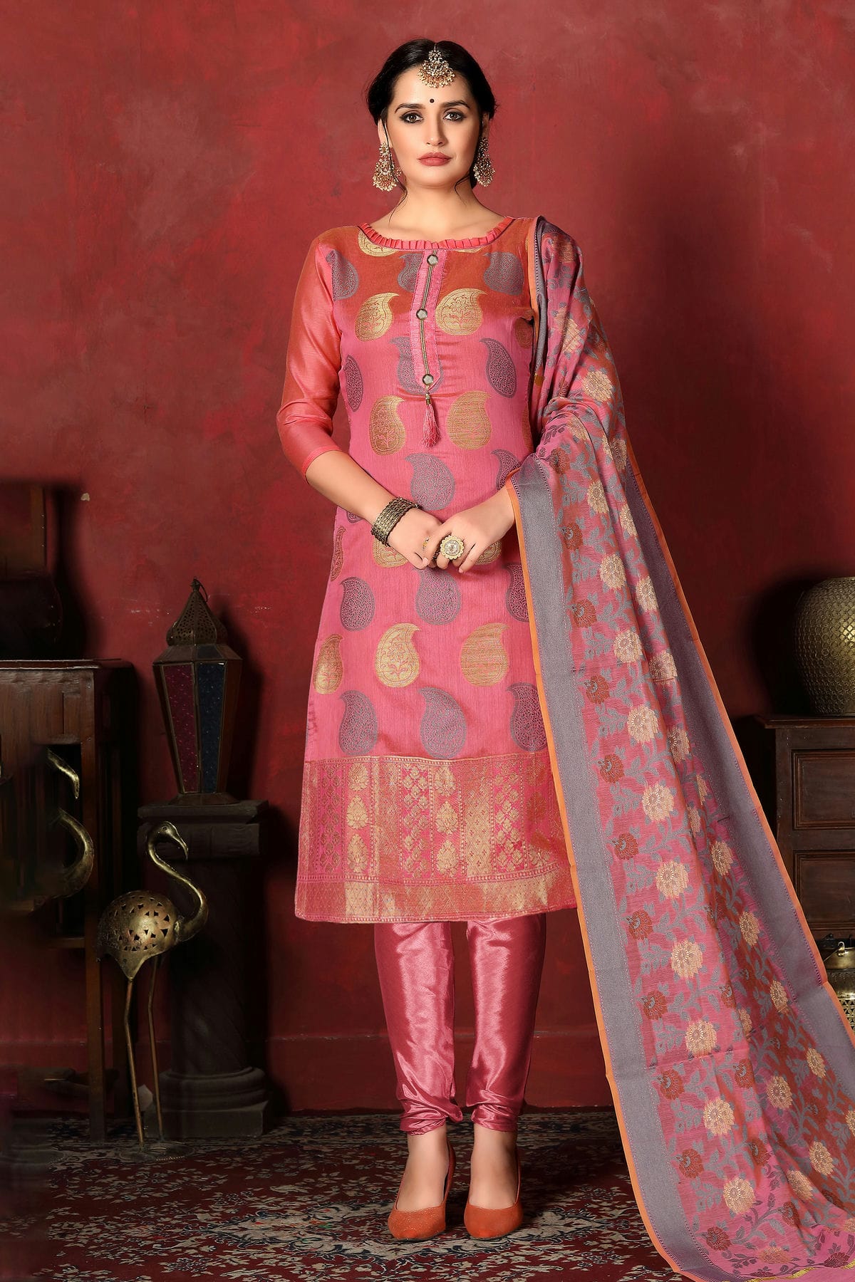 Pink Colour Unstitched Banarasi Silk Churidar Suit