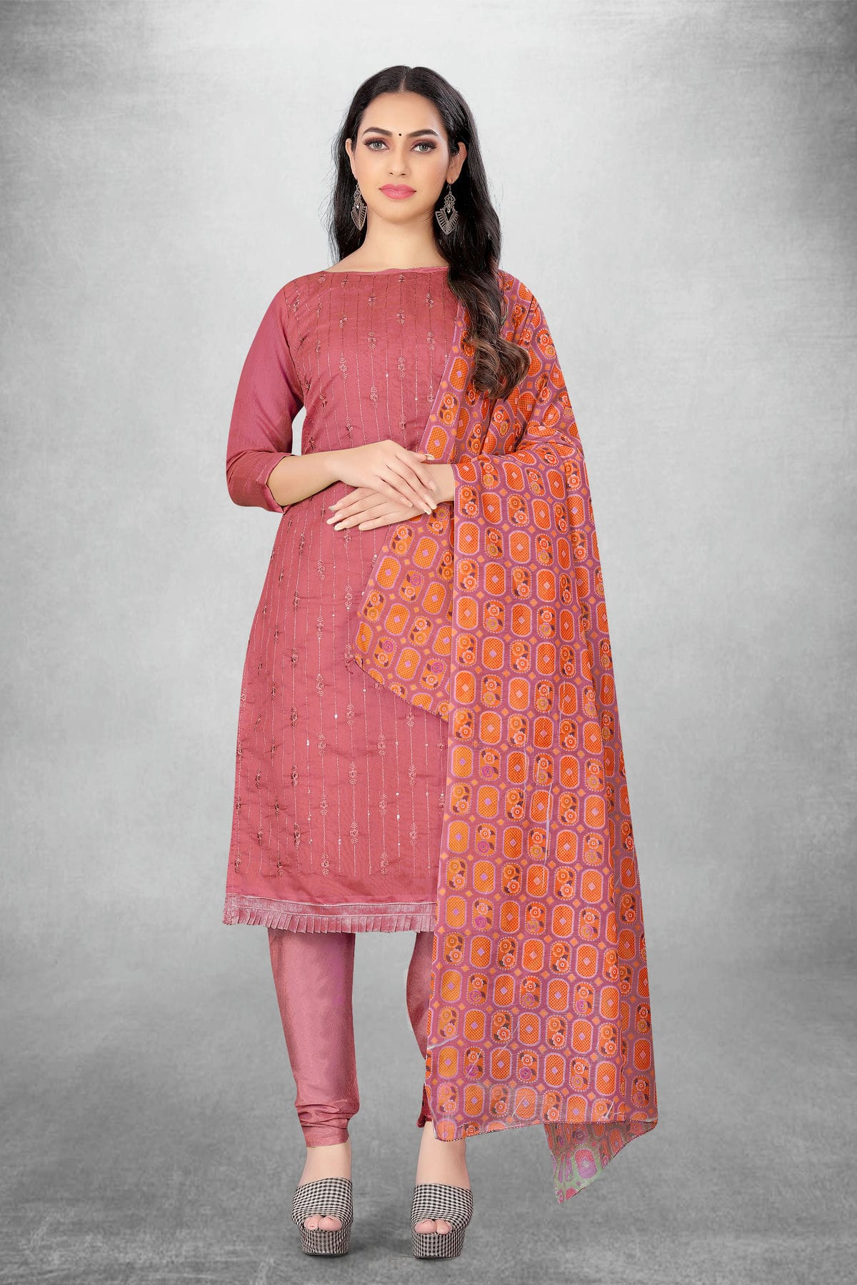 Pink Colour Unstitched Chanderi Churidar Suit