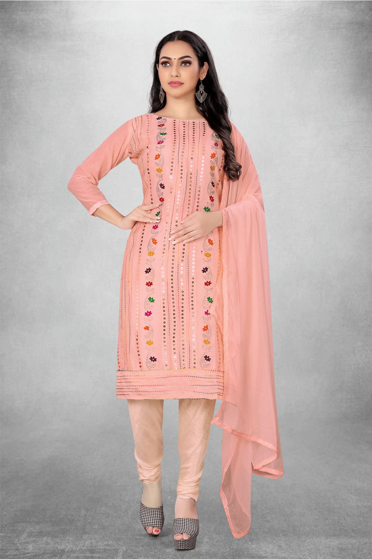 Pink Colour Unstitched Chanderi Cotton Churidar Suit