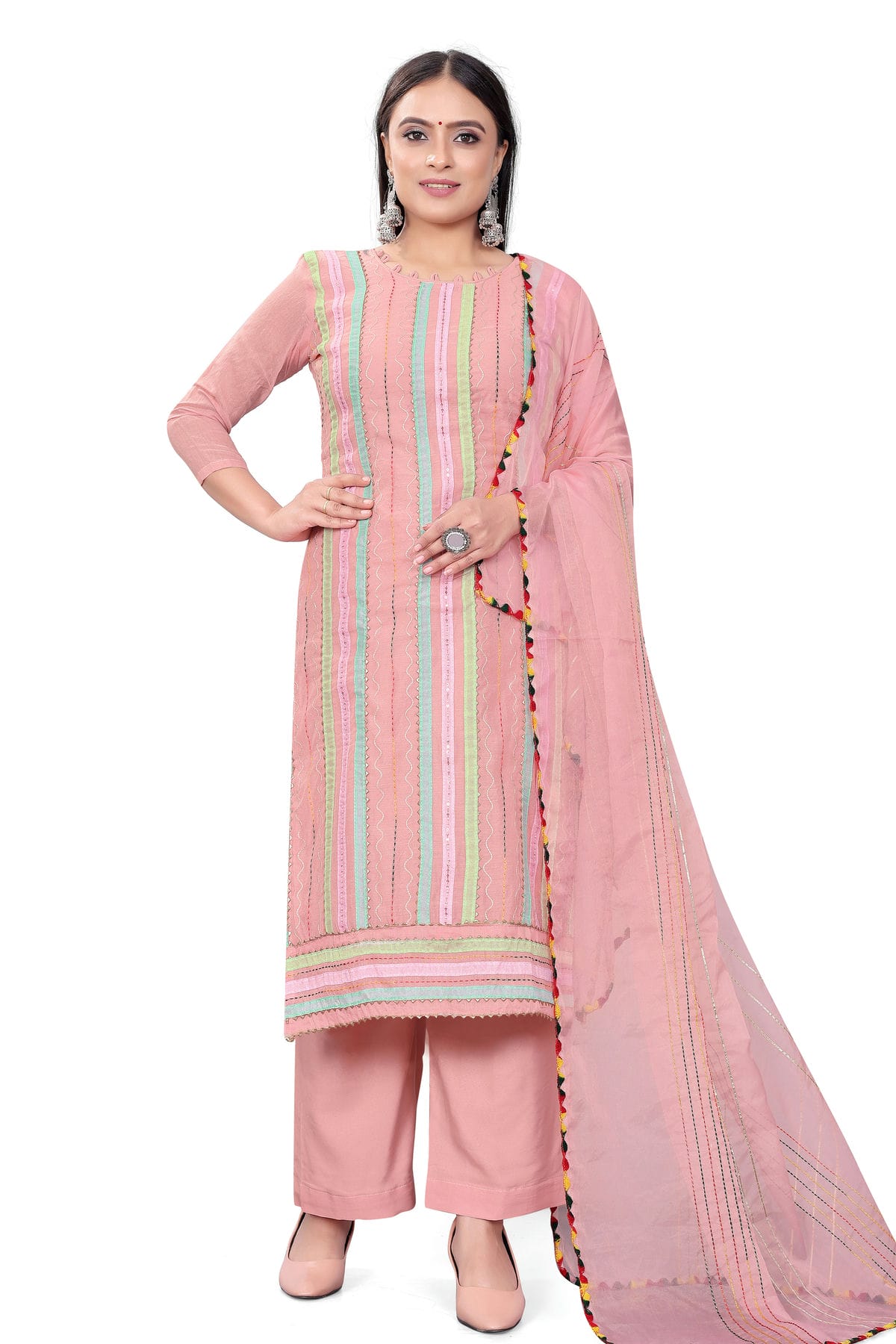 Pink Colour Unstitched Chanderi Cotton Plazzo Pant Suit