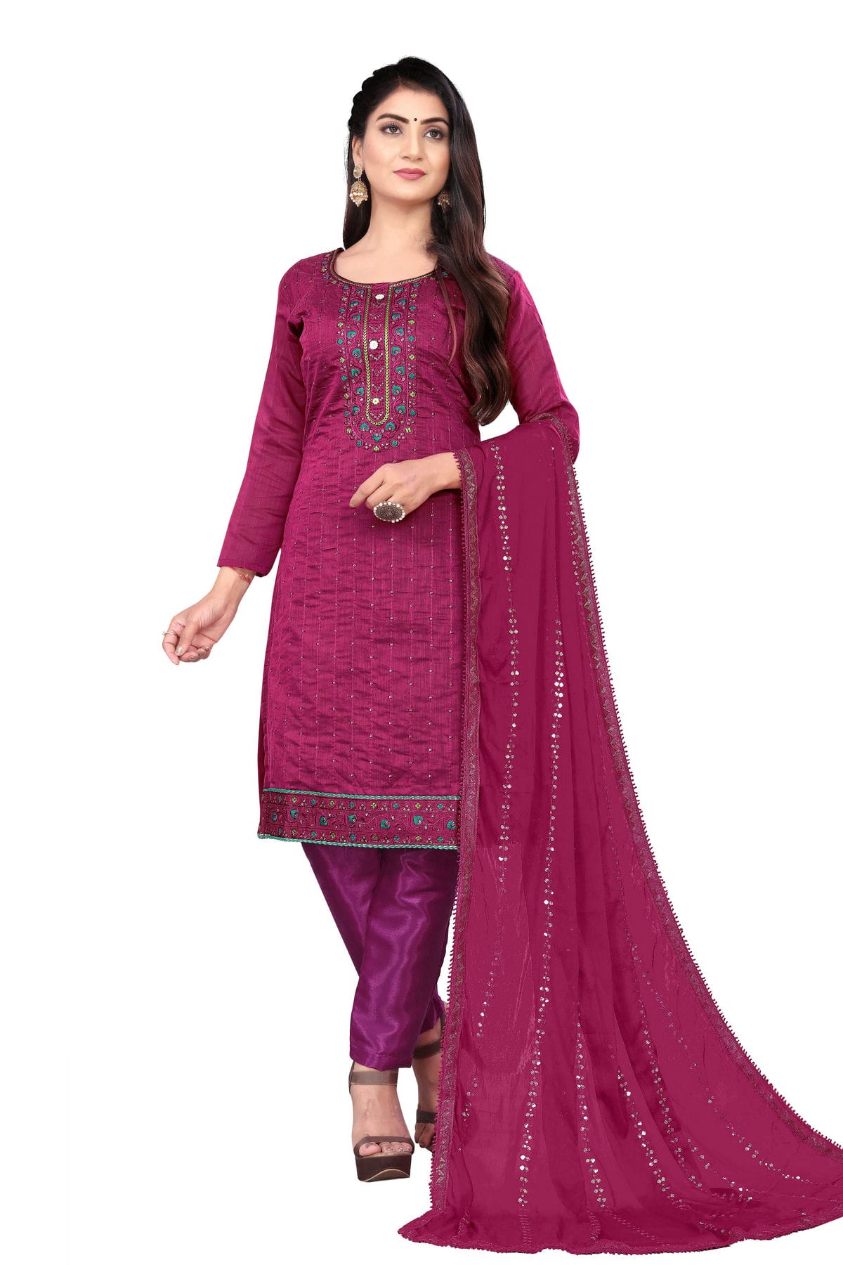 Pink Colour Unstitched Chanderi Cotton Straight Suit