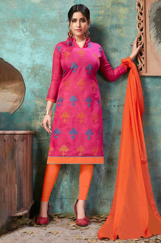 Pink Colour Unstitched Chanderi Cotton Straight Suit