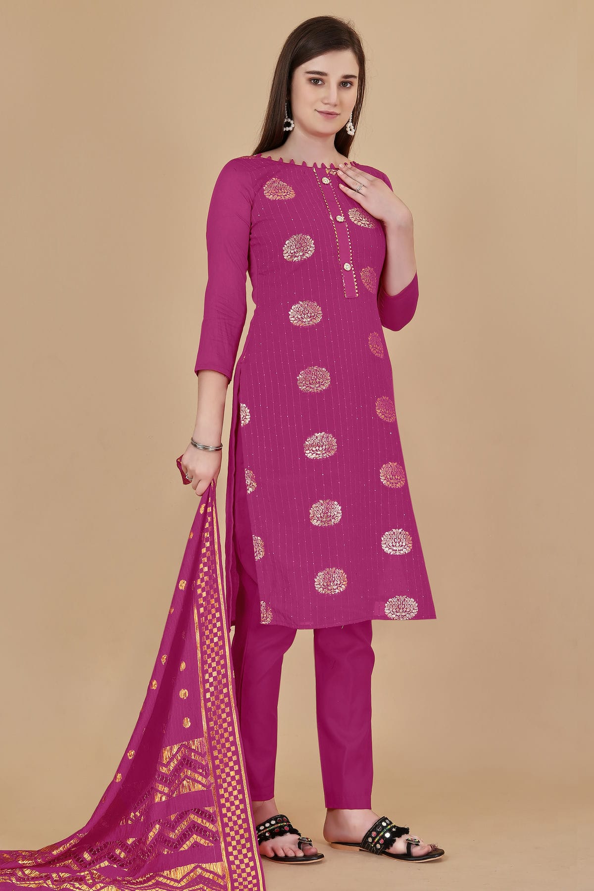 Pink Colour Unstitched Cotton Jacquard Straight Suit