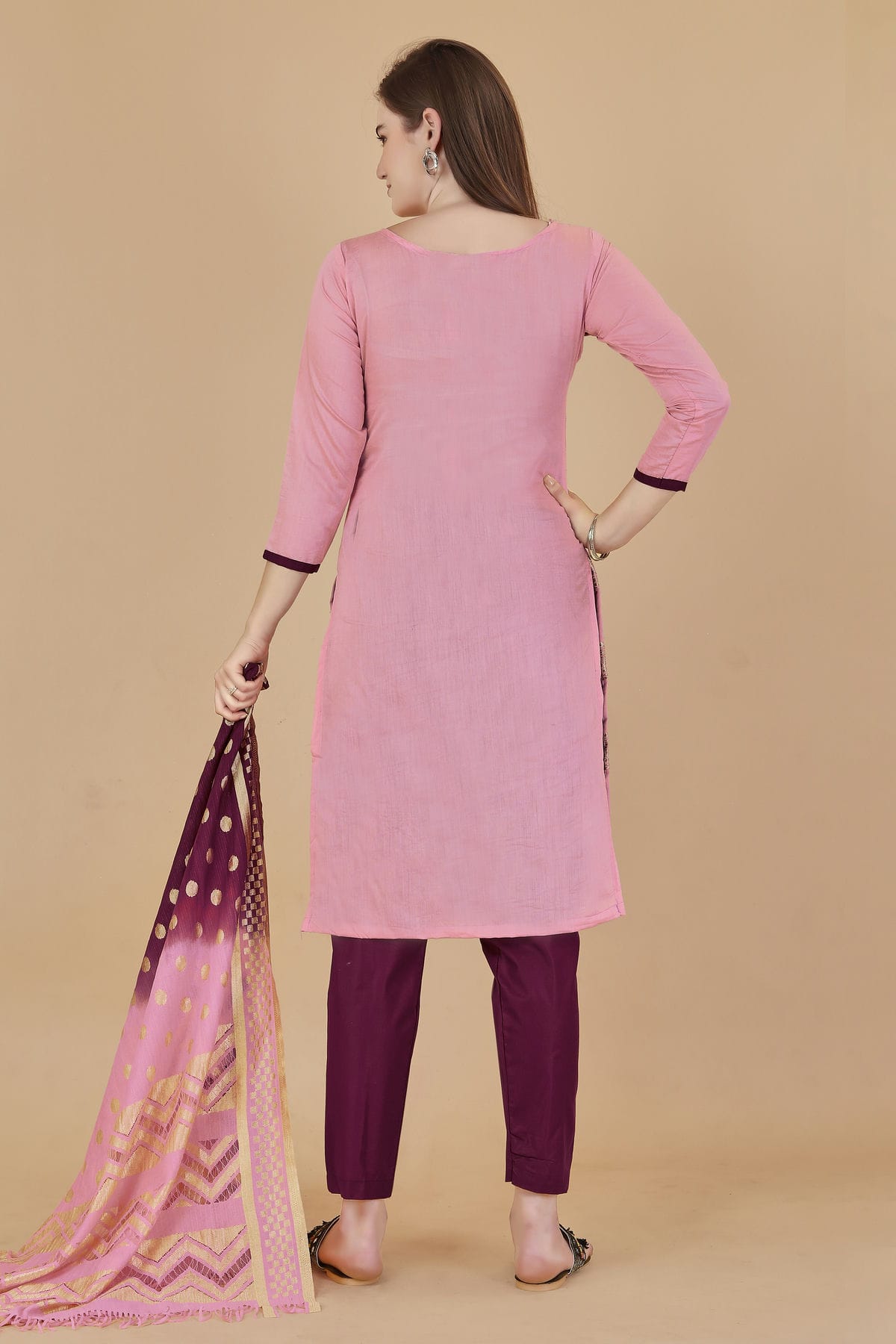 Pink Colour Unstitched Cotton Jacquard Straight Suit