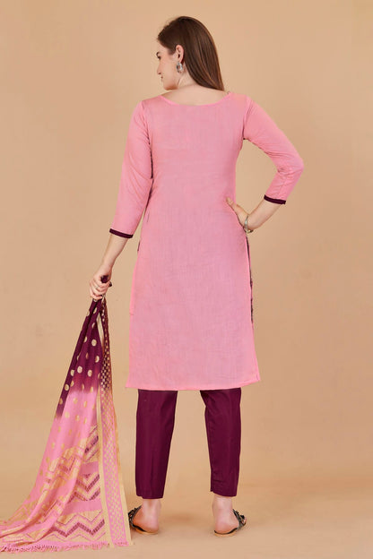 Pink Colour Unstitched Cotton Jacquard Straight Suit