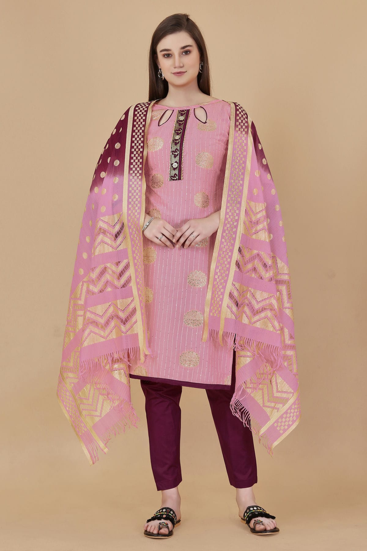 Pink Colour Unstitched Cotton Jacquard Straight Suit