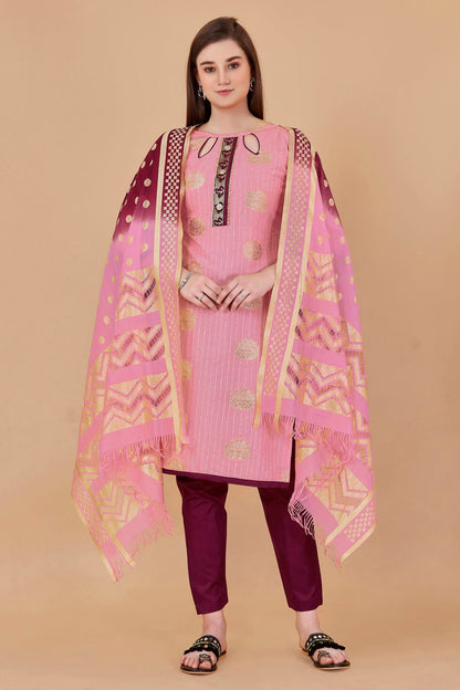 Pink Colour Unstitched Cotton Jacquard Straight Suit