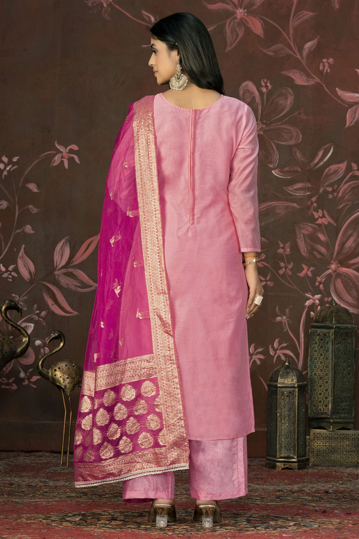 Pink Colour Unstitched Cotton Jacquard Straight Suit