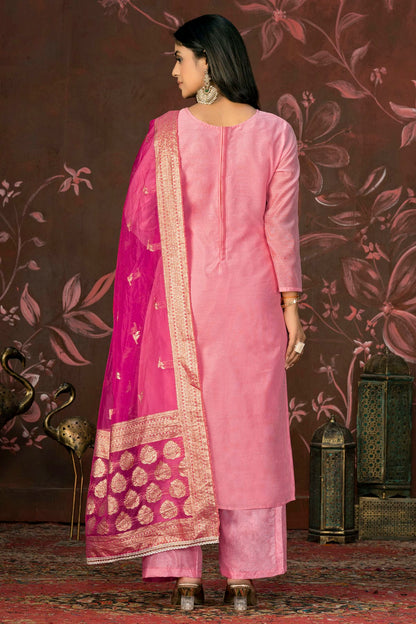 Pink Colour Unstitched Cotton Jacquard Straight Suit