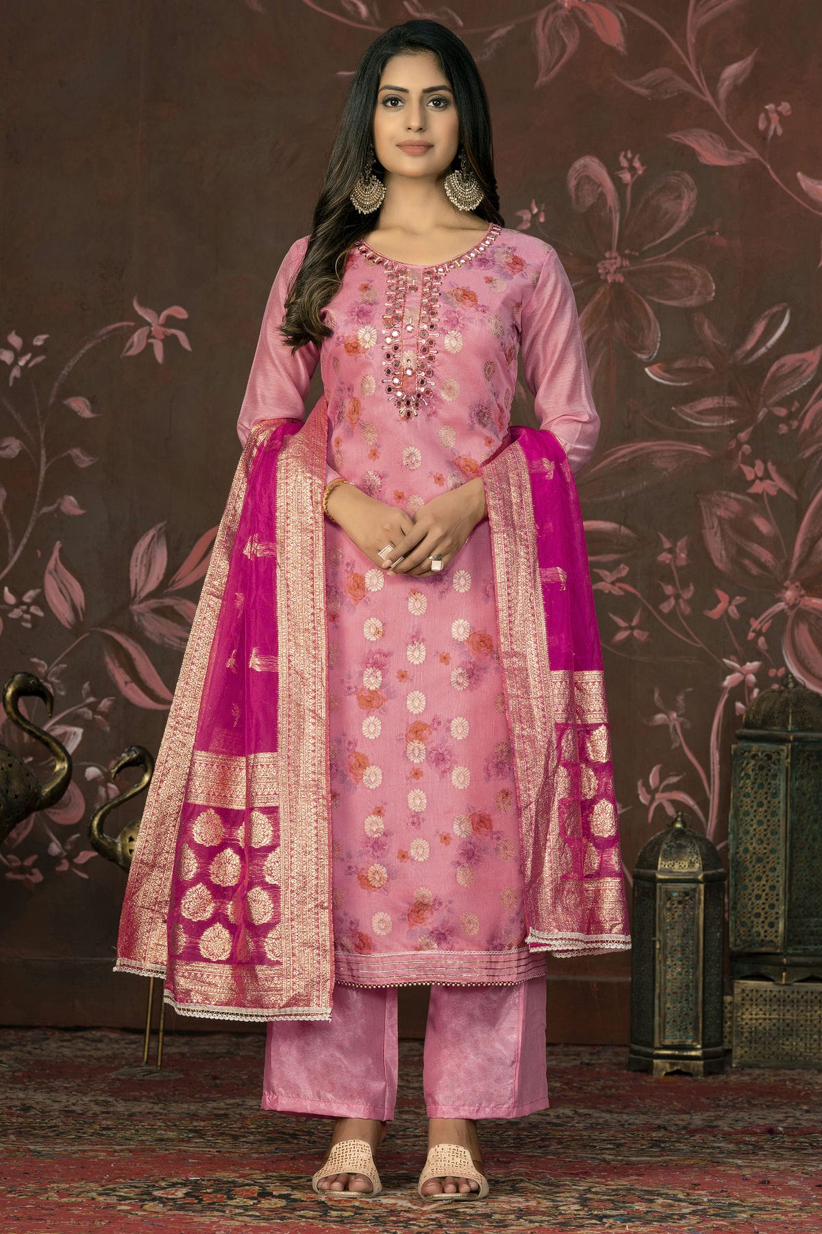 Pink Colour Unstitched Cotton Jacquard Straight Suit