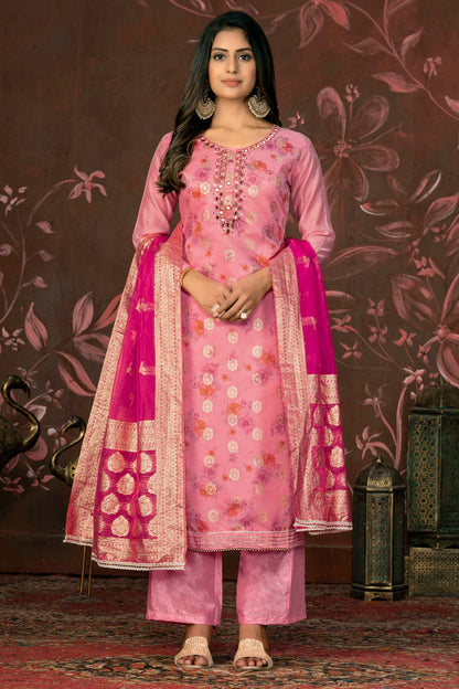 Pink Colour Unstitched Cotton Jacquard Straight Suit