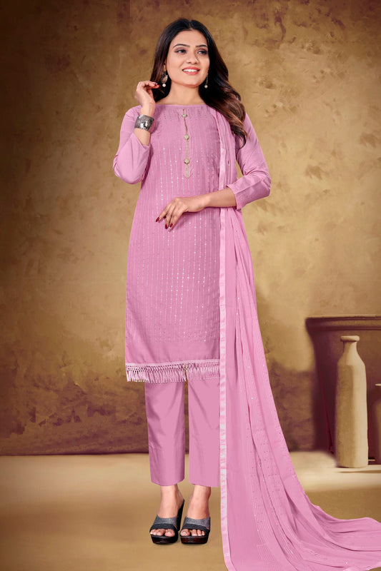 Pink Colour Unstitched Cotton Pant Style Suit