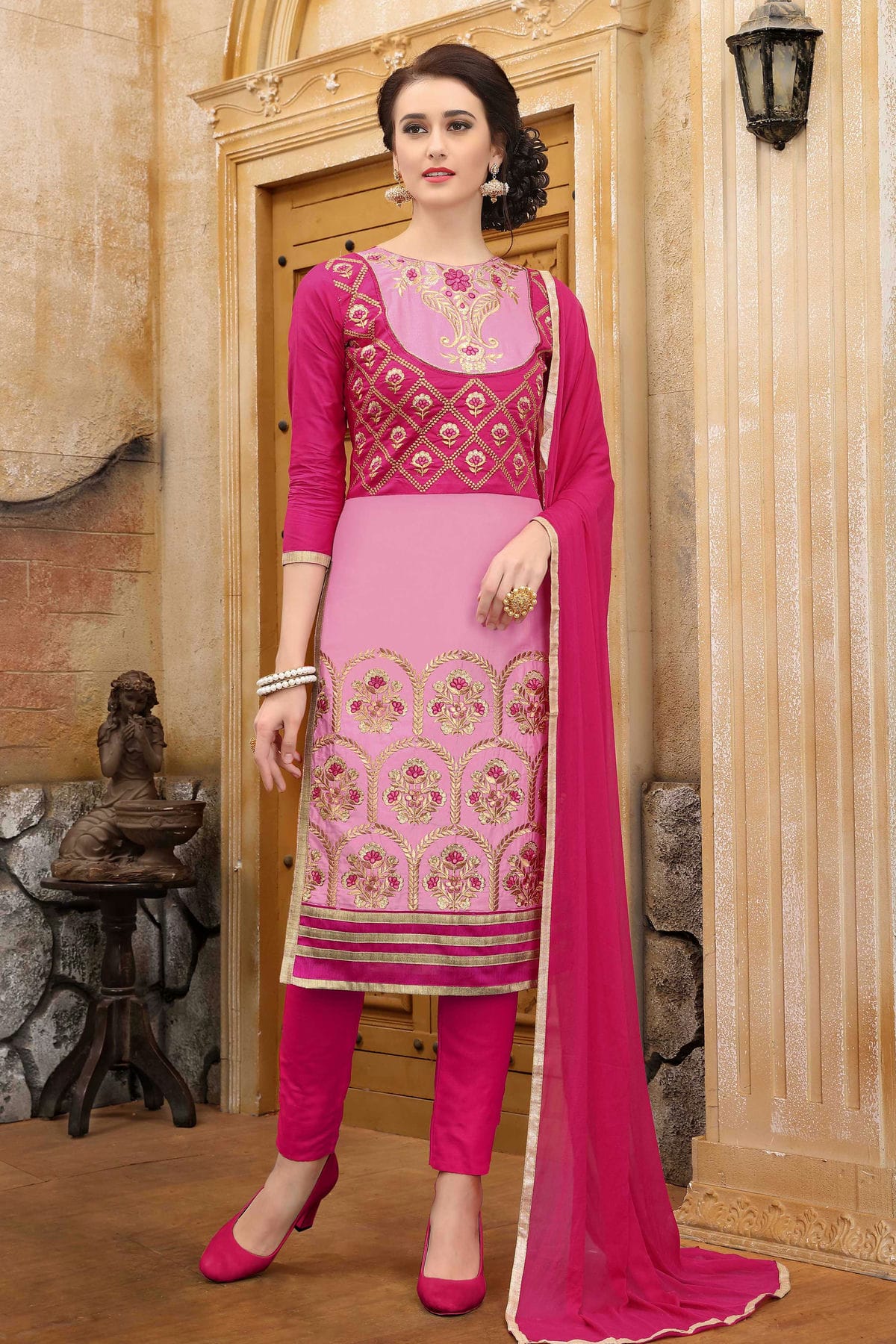 Pink Colour Unstitched Cotton Straight Suit