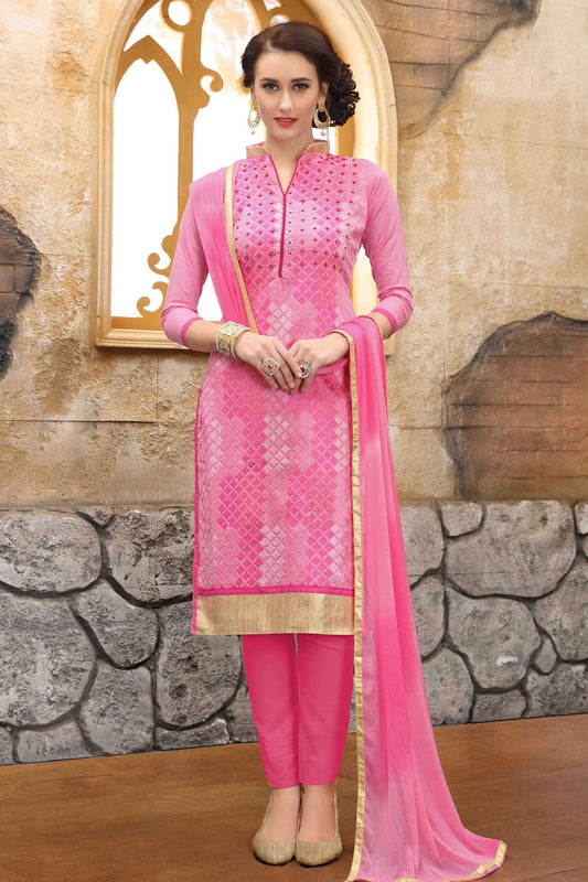 Pink Colour Unstitched Cotton Straight Suit