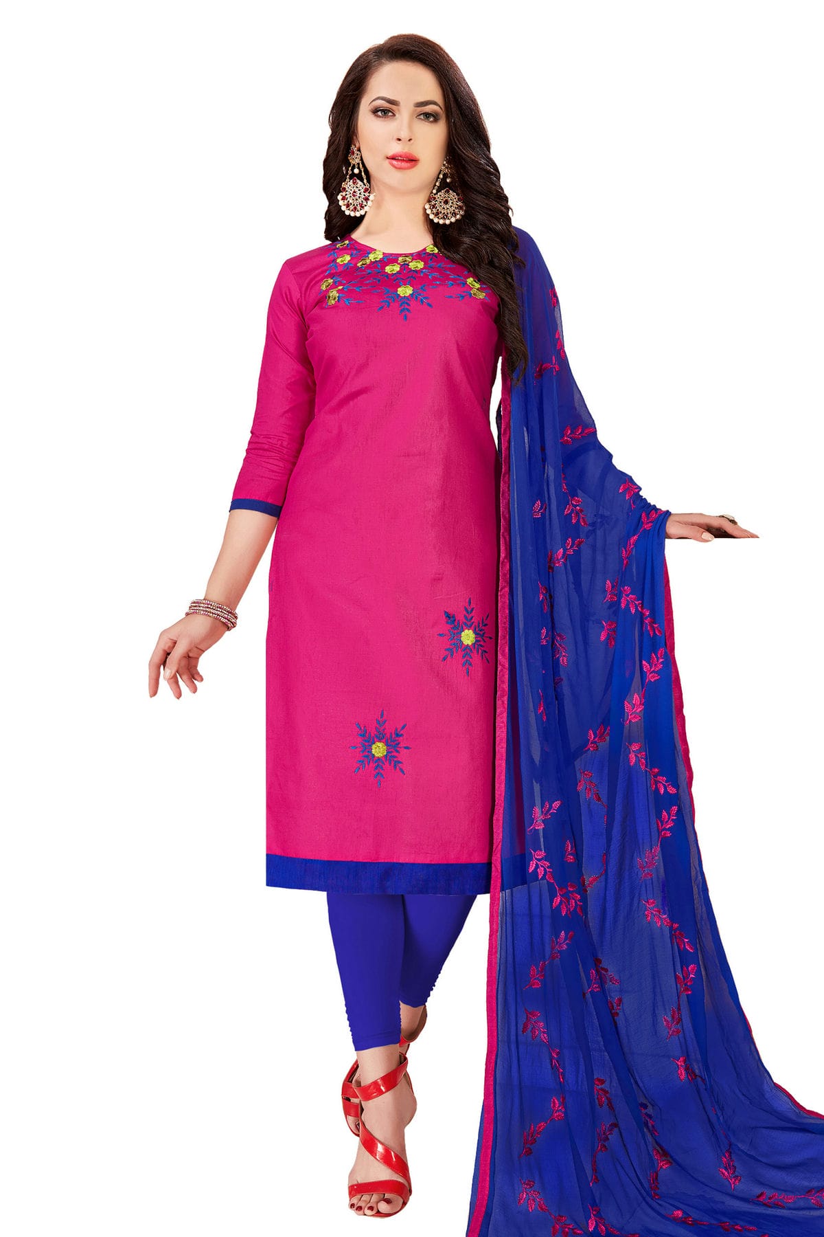 Pink Colour Unstitched Glass Cotton Churidar Suit