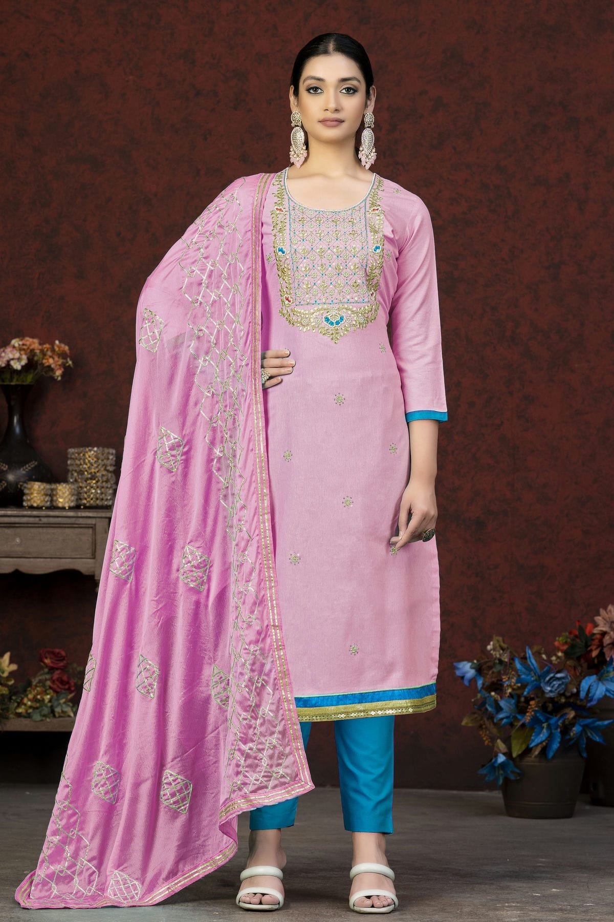 Pink Colour Unstitched Glass Cotton Fabric Straight Suit