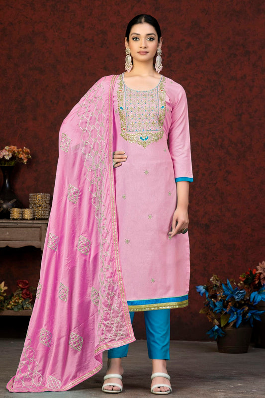 Pink Colour Unstitched Glass Cotton Fabric Straight Suit