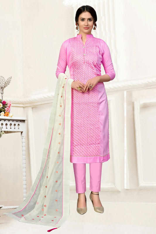 Pink Colour Unstitched Glass Cotton Straight Suit