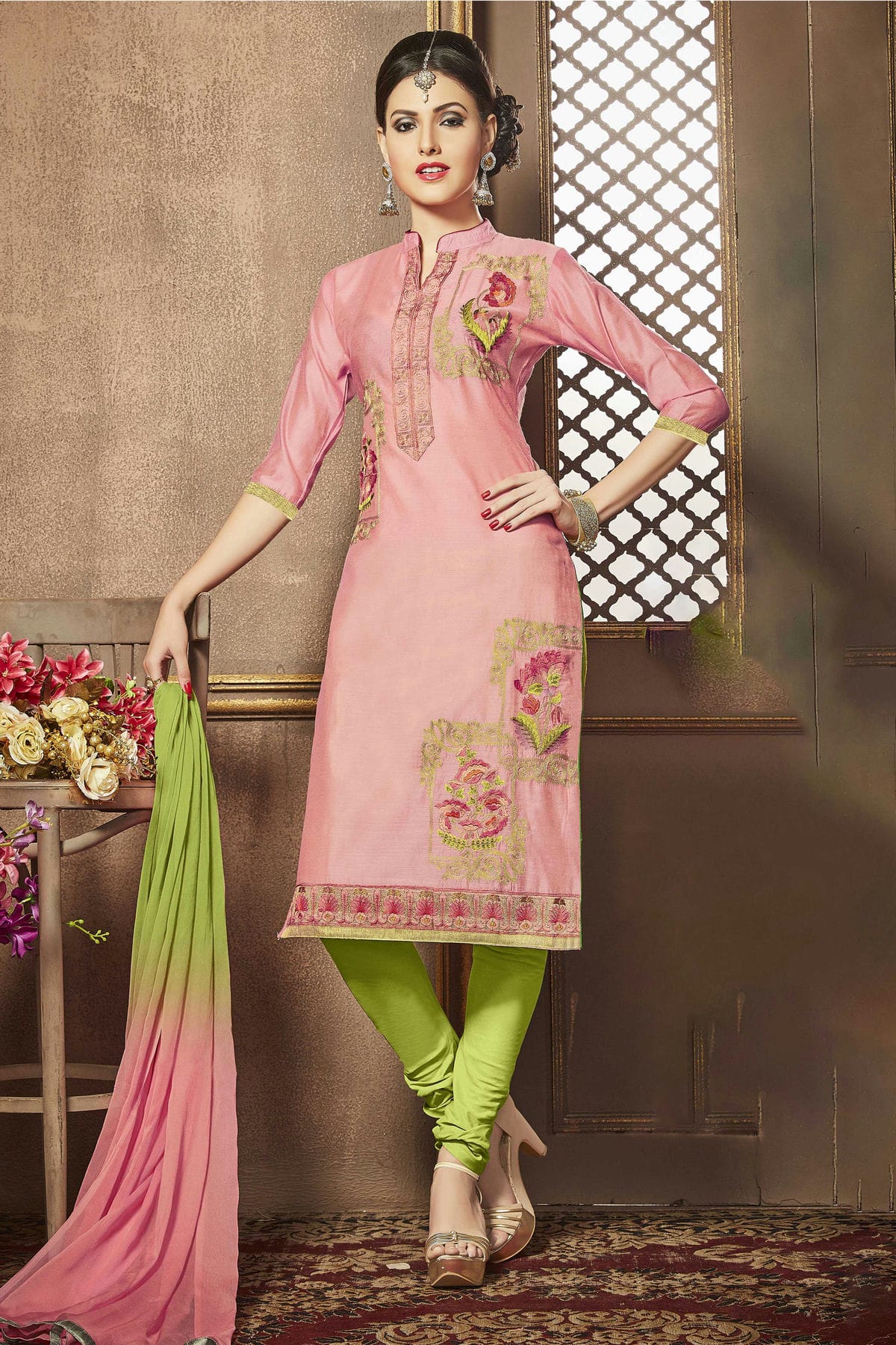 Pink Colour Unstitched Glaze Cotton Churidar Suit