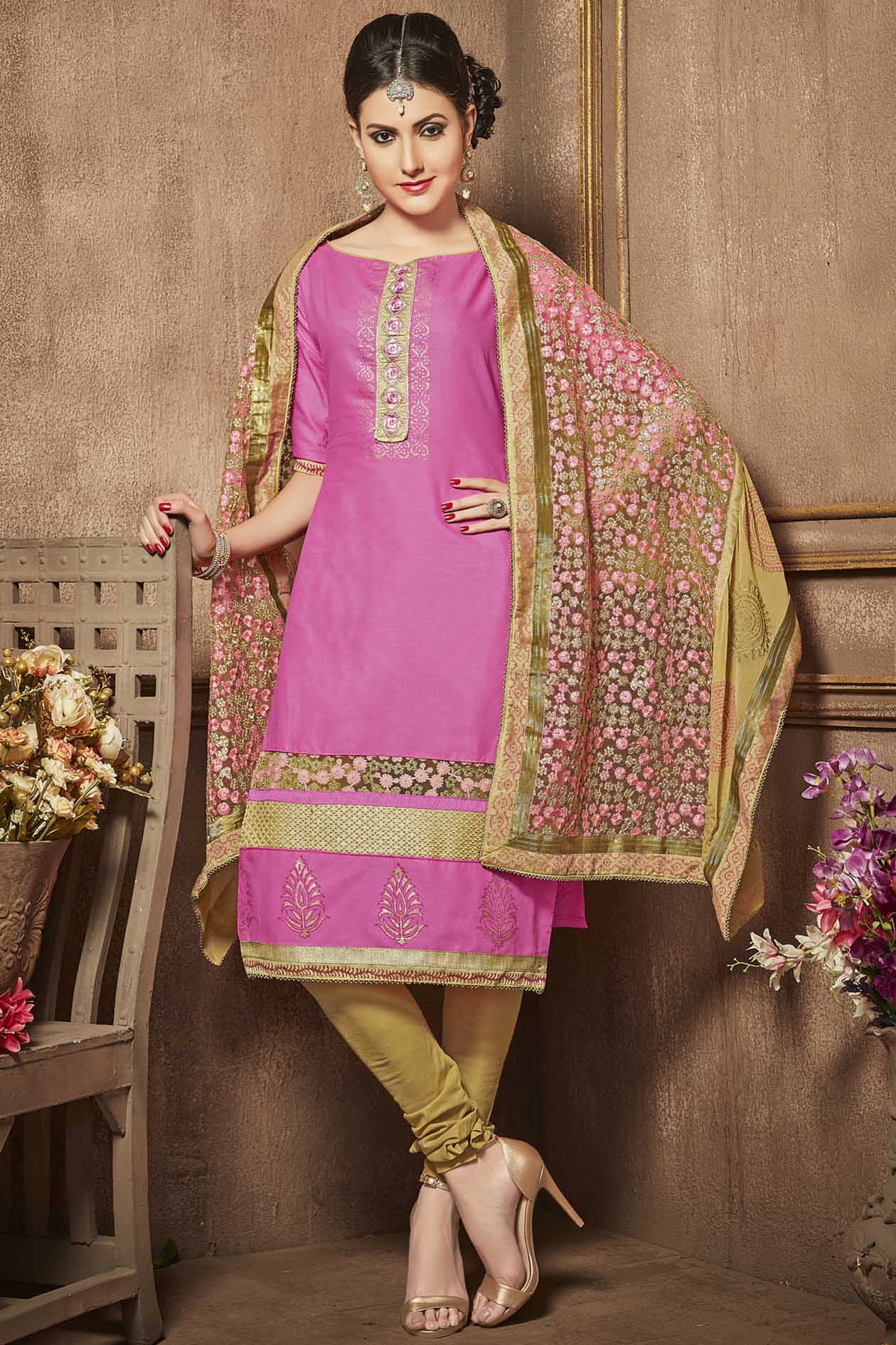 Pink Colour Unstitched Glaze Cotton Churidar Suit