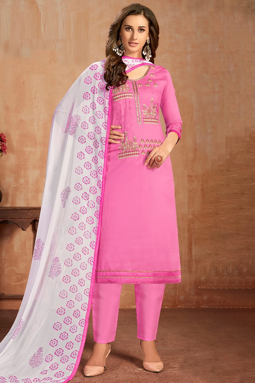 Pink Colour Unstitched Glaze Cotton Pant Style Suit