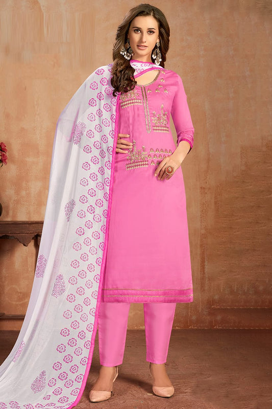 Pink Colour Unstitched Glaze Cotton Pant Style Suit