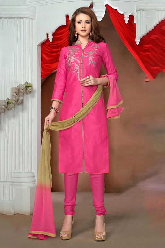 Pink Colour Unstitched Glaze Cotton Straight Suit