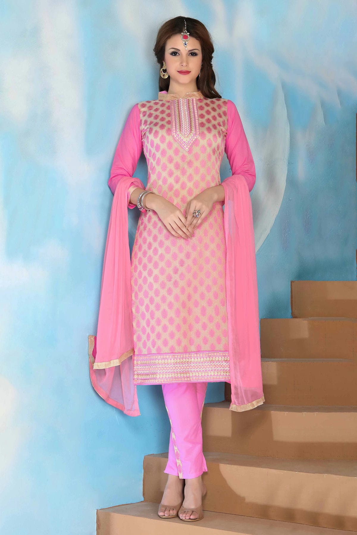 Pink Colour Unstitched Glaze Cotton Straight Suit