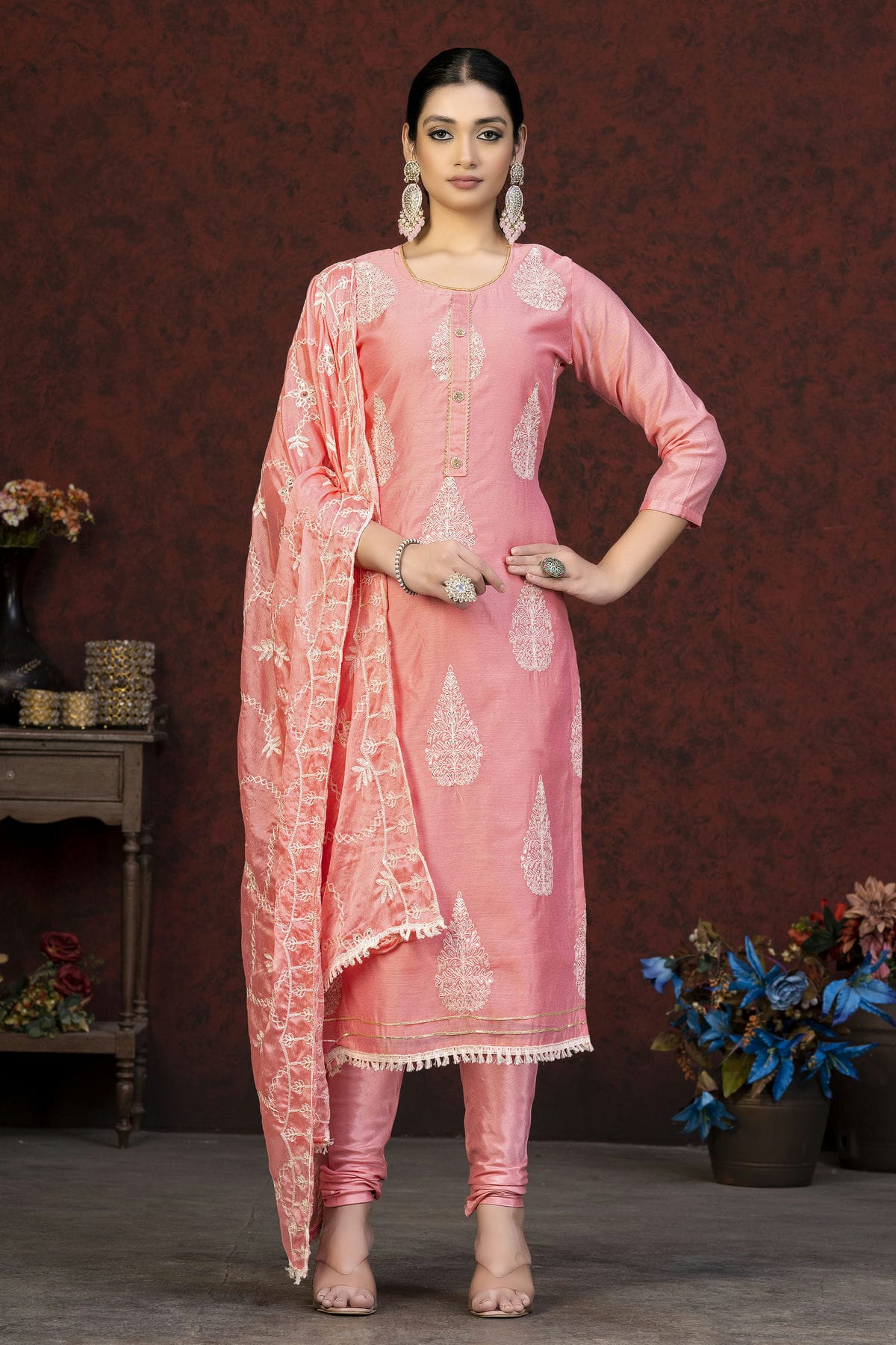 Pink Colour Unstitched Modal Chanderi Churidar Suit