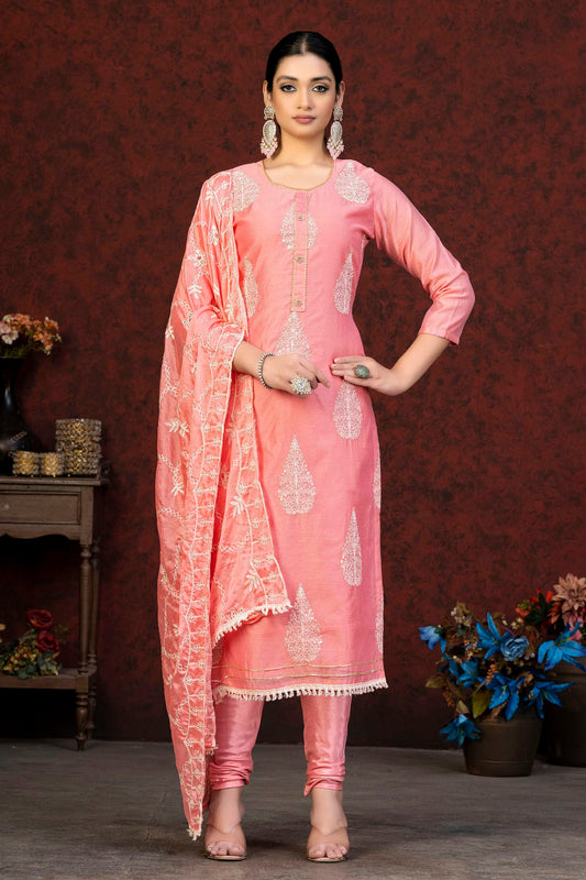 Pink Colour Unstitched Modal Chanderi Churidar Suit