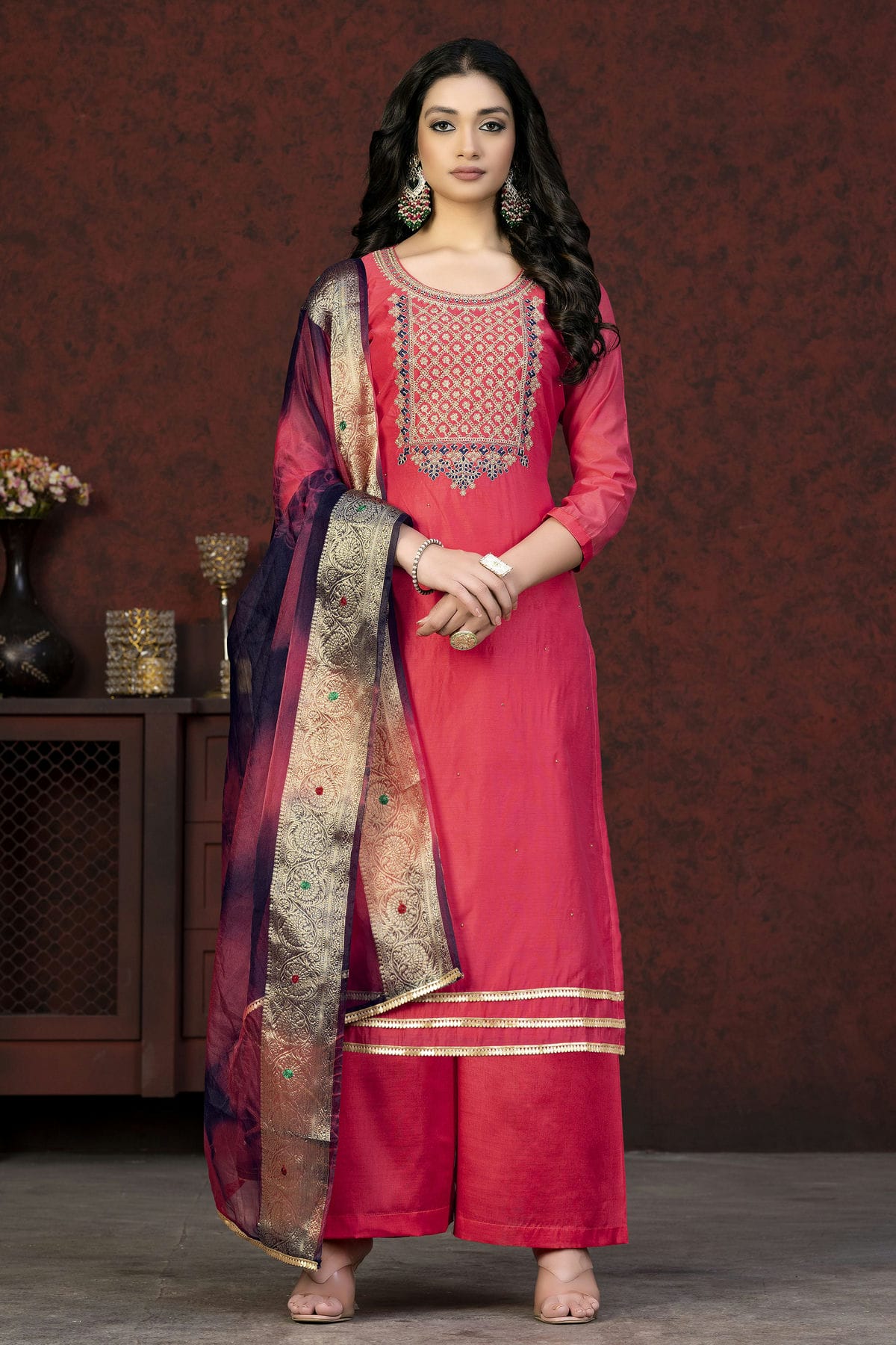 Pink Colour Unstitched Modal Chanderi Palazzo Pant Suit