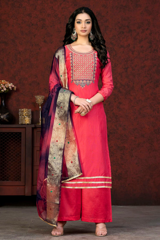 Pink Colour Unstitched Modal Chanderi Palazzo Pant Suit