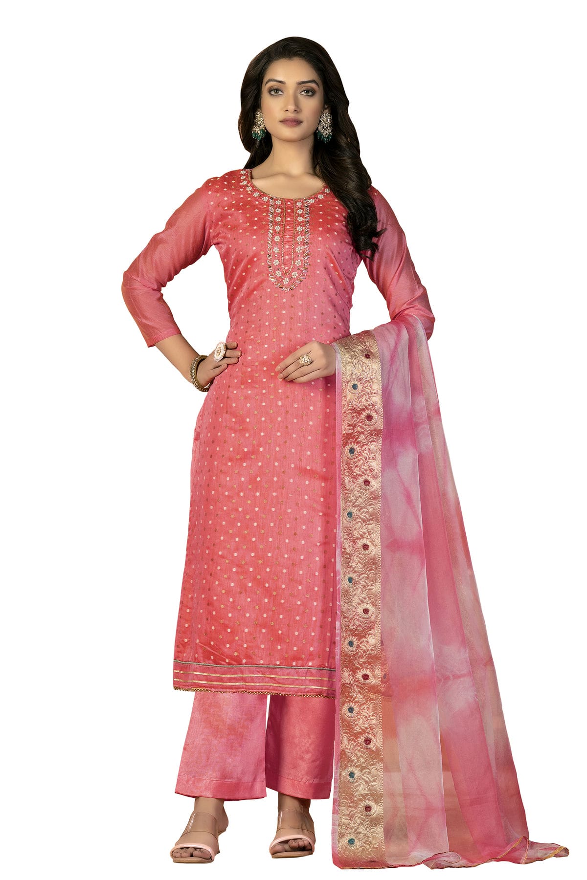 Pink Colour Unstitched Modal Cotton Jacquard Fabric Straight Suit