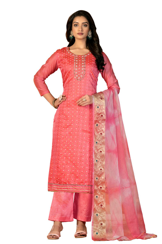 Pink Colour Unstitched Modal Cotton Jacquard Fabric Straight Suit