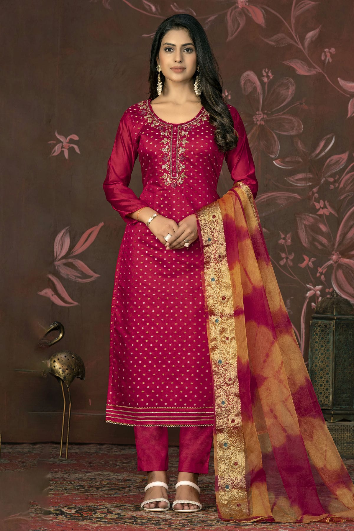 Pink Colour Unstitched Modal Cotton Jacquard Pant Style Suit