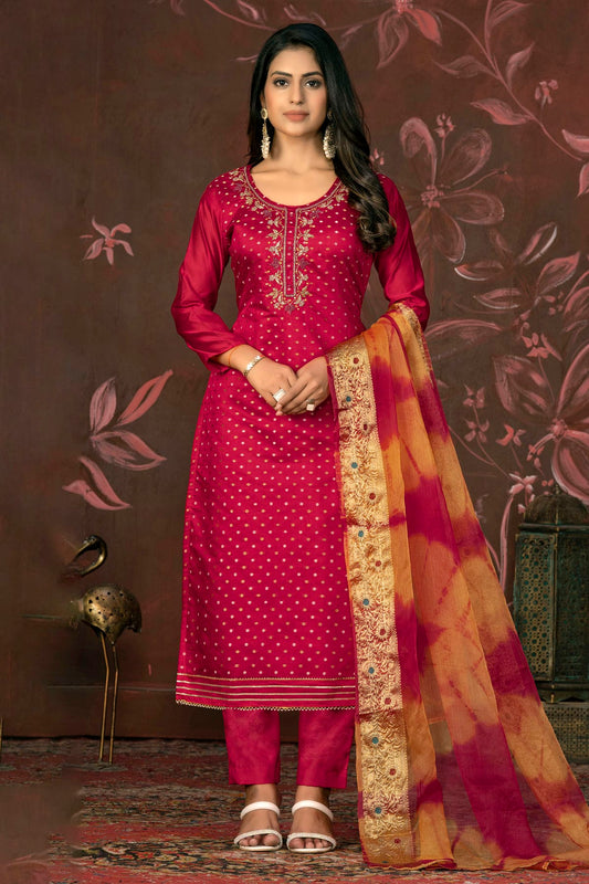 Pink Colour Unstitched Modal Cotton Jacquard Pant Style Suit