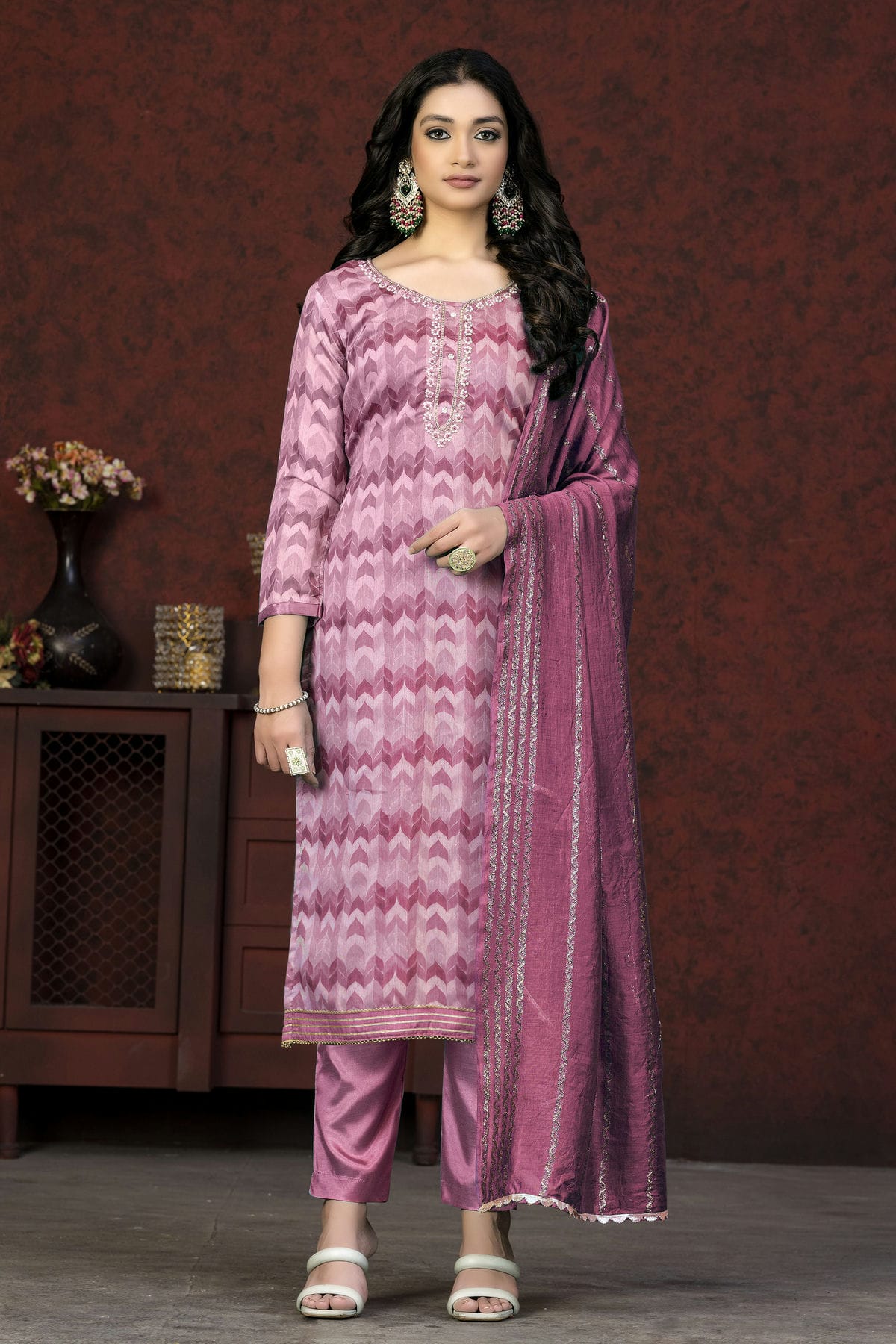 Pink Colour Unstitched Modal Cotton Pant Style Suit