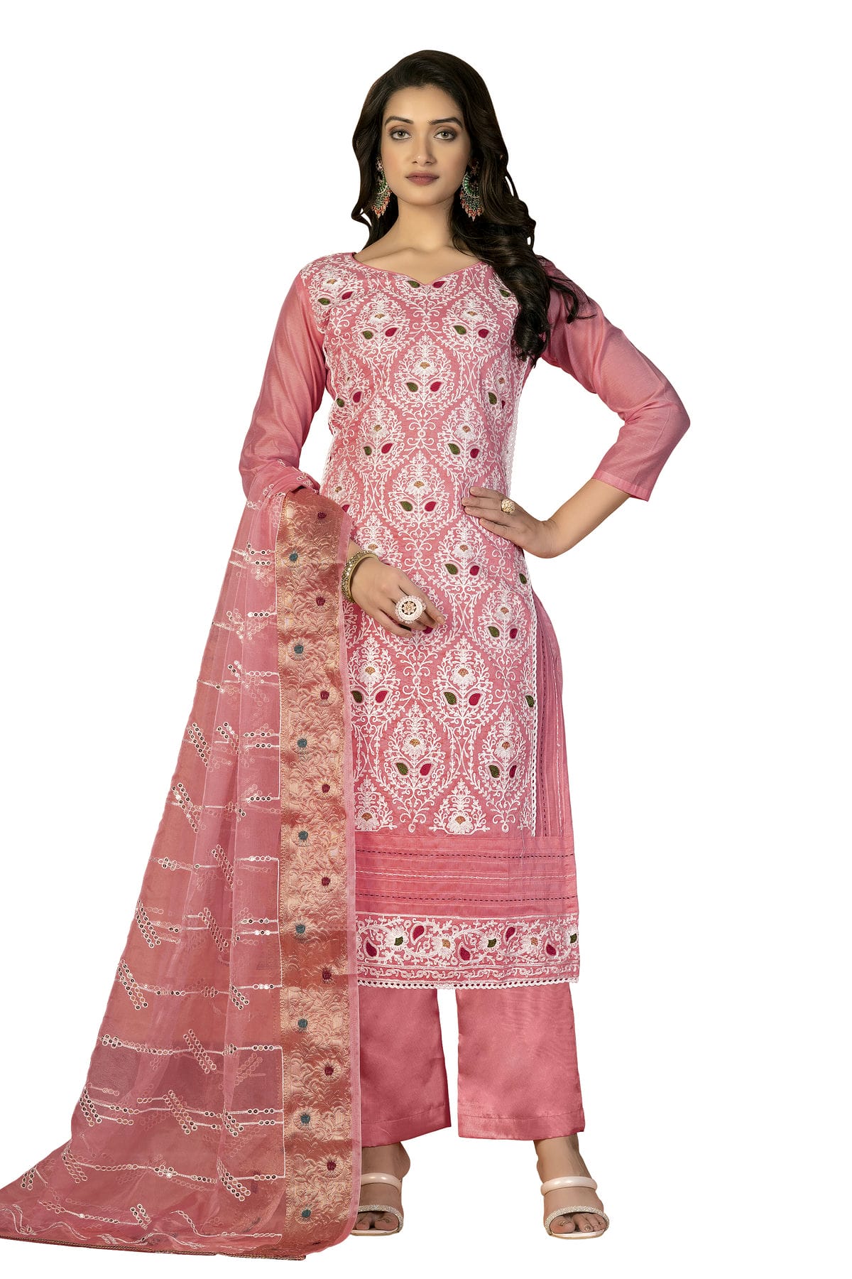 Pink Colour Unstitched Modal Silk Fabric Straight Suit