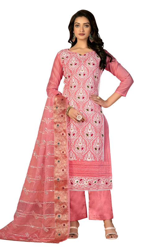 Pink Colour Unstitched Modal Silk Fabric Straight Suit