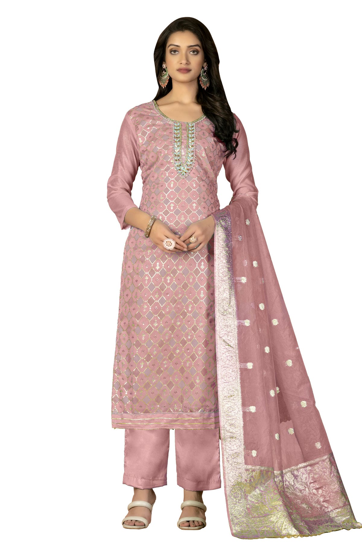 Pink Colour Unstitched Modal Silk Fabric Straight Suit