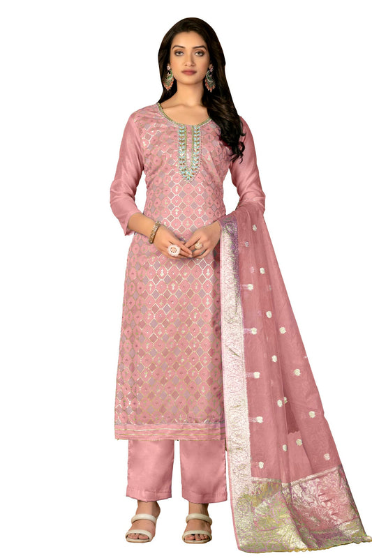 Pink Colour Unstitched Modal Silk Fabric Straight Suit