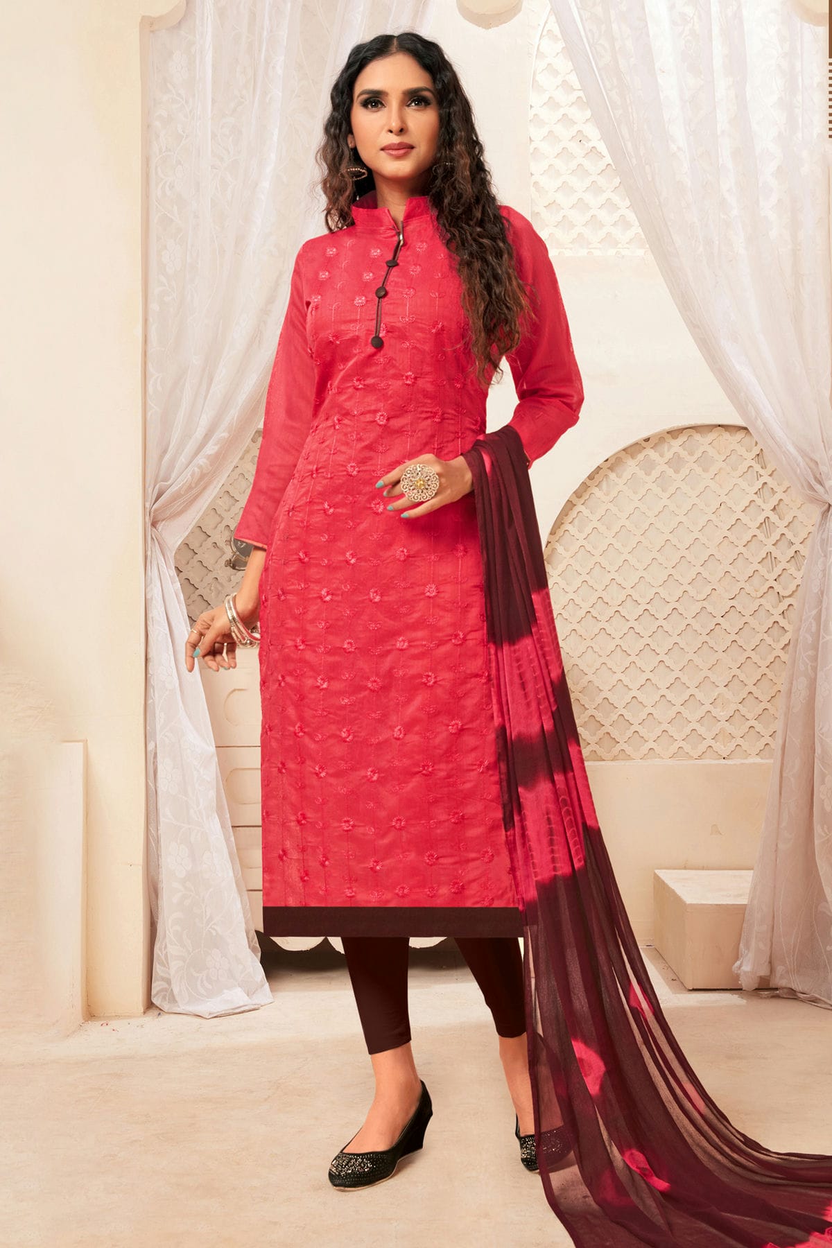 Pink Colour Unstitched Modal Silk Straight Suit